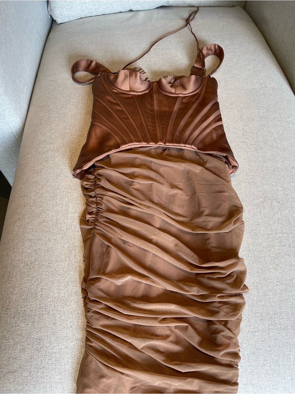 House of CB Chocolate Brown Satin Ruched Midi Dress Lilian